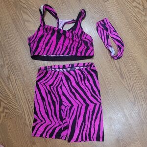 B-Skinz Spandex 3 Piece Set Bra Shorts 6 Inch Headband Size Medium Pink Zebra